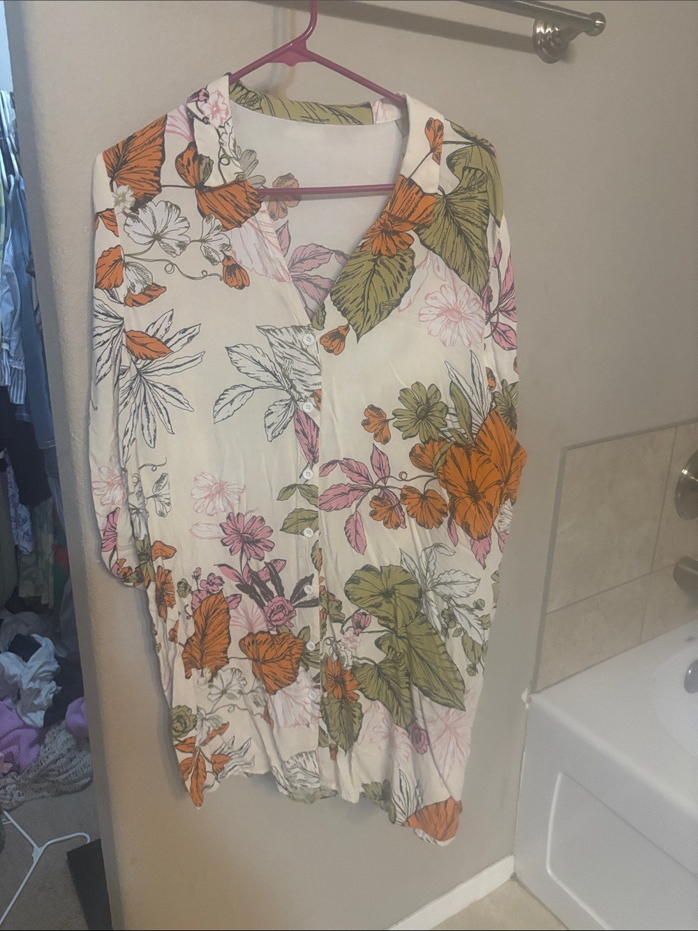 SHEIN Cream Button-Down Floral Shirt with Orange, Green & Pink Accents